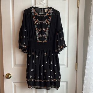 Maeve Black Dress with Colorful Floral Embroidery